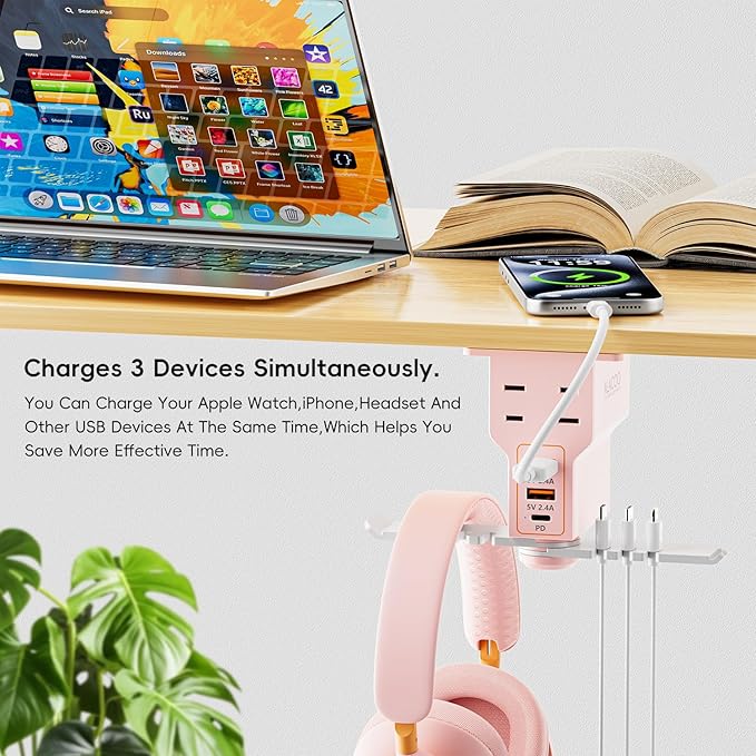 Gaming Headphone Stand with Charging Station - Aluminum Hooks Headphone Holder, Under Desk Headset Stand, 3 USB & AC Outlet, Surge Protector & Cable Organizer, Gift for Girl/Men
