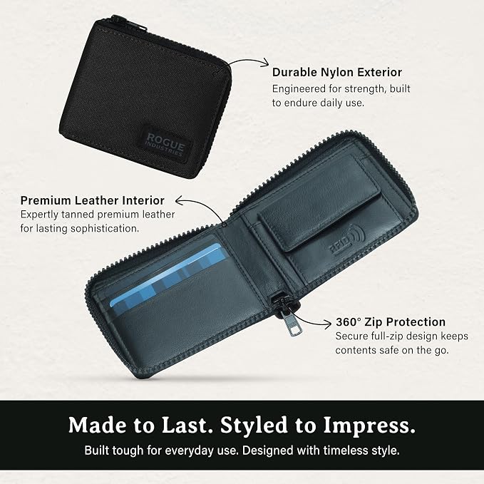 ROGUE WALLET Interior Genuine Leather Wallets for Men - RFID Blocking Robust Outer Nylon Wallets - Full Cash Slot and Expandable Coin Pouch - Gift for Men (Black)