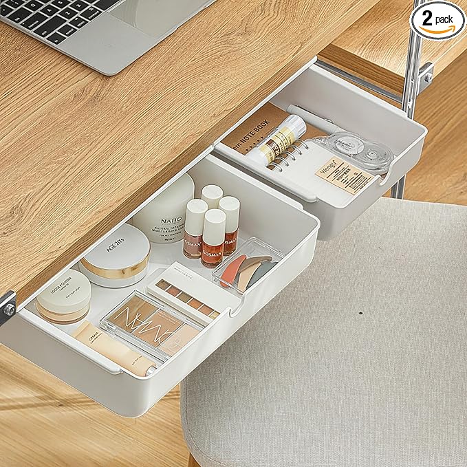 2 Pack Under Desk Drawer, Large & Medium Self-Adhesive Under Desk Organizer, Hidden Under Desk Storage Box Cosmetics Case Stick On Under Table Tray Holder for Cutlery, Office Supplies, Stationery