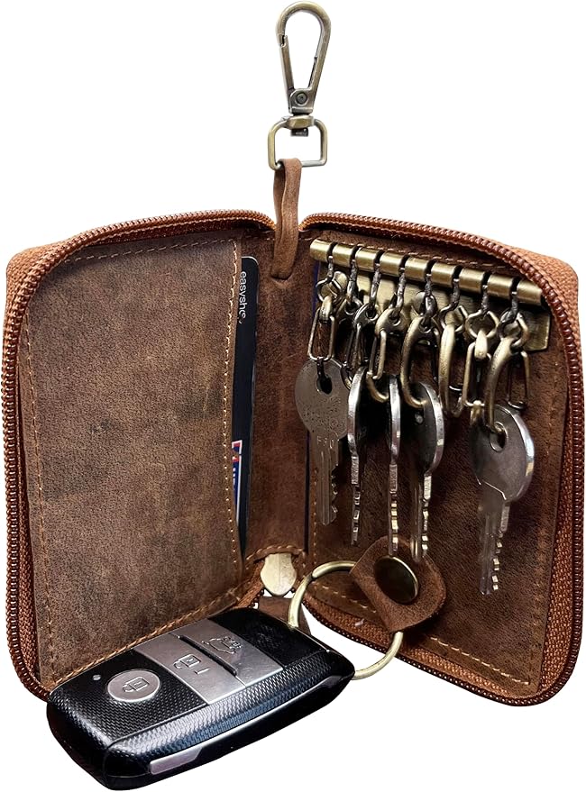 RUSTIC TOWN Leather Key Holder Case - Zippered Key Organizer Wallet with 8 Hooks for Keys, Cash & Card - Gift for Men Women