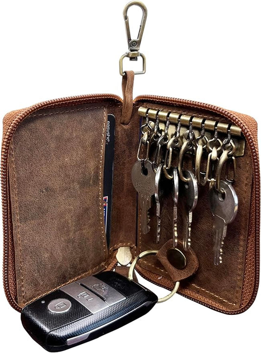 RUSTIC TOWN Leather Key Holder Case - Zippered Key Organizer Wallet with 8 Hooks for Keys, Cash & Card - Gift for Men Women