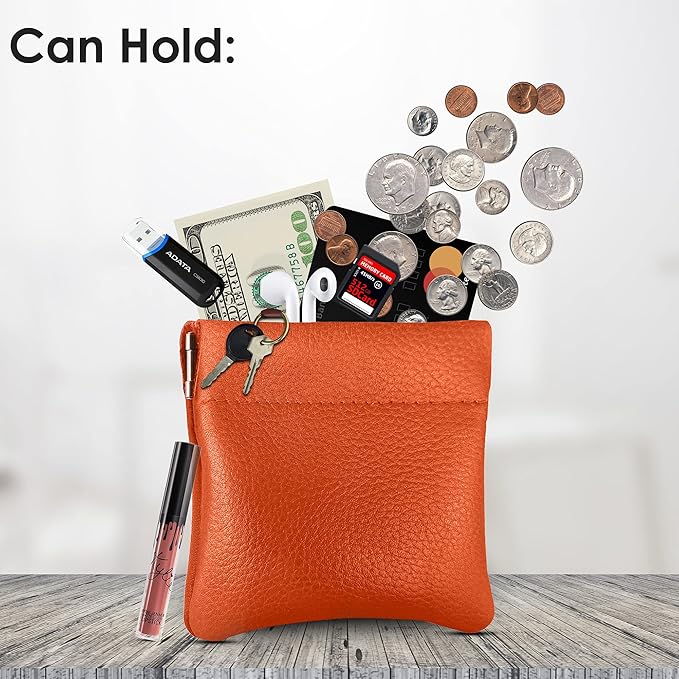 Nabob Leather Genuine Leather Squeeze Coin Purse, Coin Pouch Made IN U.S.A. Change Holder For Men/Woman Size 3.5 X 3.5 (Orange)