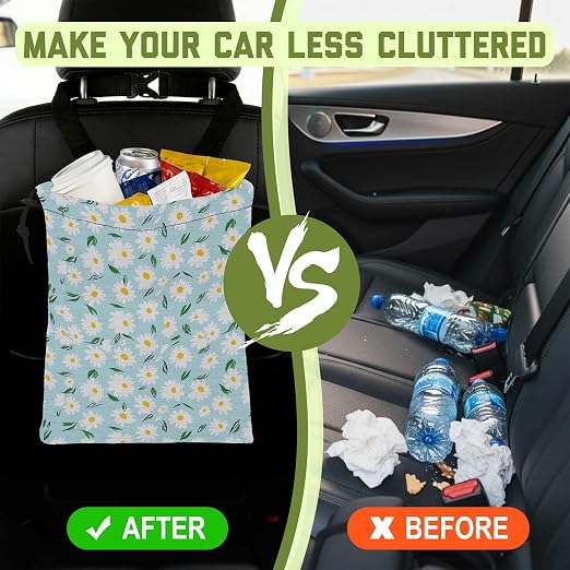Car Trash Bag Blue Daisy Floral Leak-Proof Waterproof Car Garbage Bag with Drawstring Foldable Canvas Trash Bin with Adjustable Buckle for Car Accessories