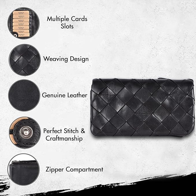 Genuine Leather Wallets for Women, Small Wallet for Ladies Zipper Coin Purse Credit Card Holder with Strap (VL-167-BLACK)