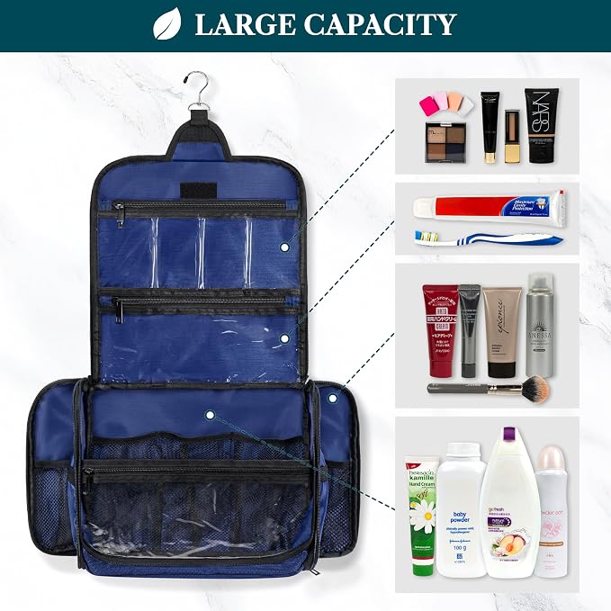 PAVILIA Large Hanging Toiletry Bag for Men, Travel Toiletry Organizer with 10 Compartments, Swivel Hook and 3 Leakproof Pockets, Water Resistant Shaving Kit Case, Packs Flat, Blue