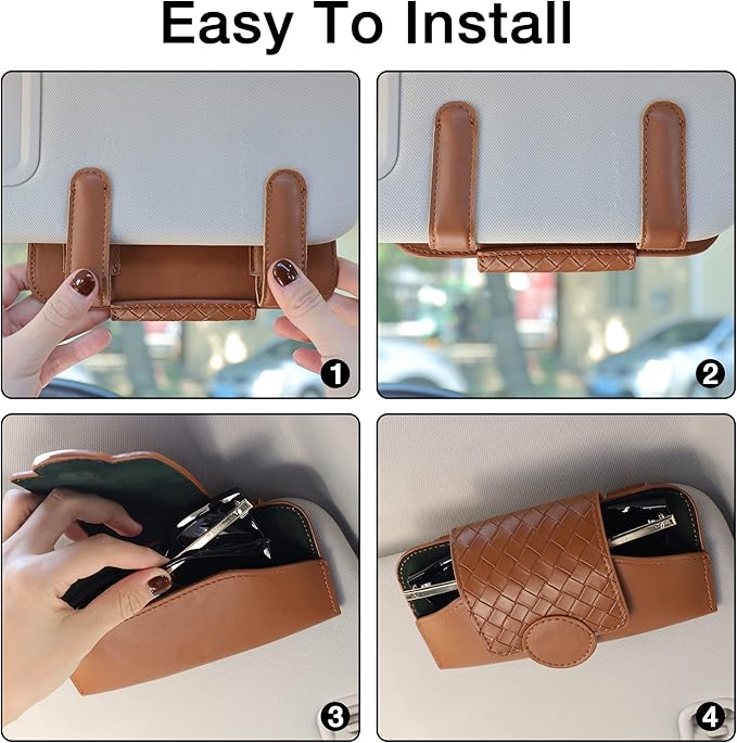 KINIVA Sunglasses Holder for Car Visor Leather Glasses Case with Clips for Car Visor Automotive Interior Visor Accessories Apply to All Car Models (10 Brown)