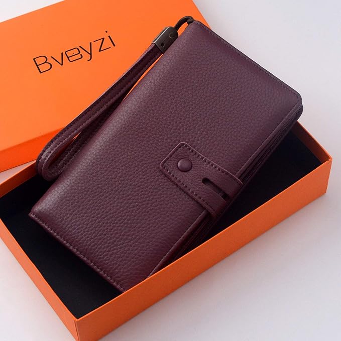 Bveyzi Women's Big Fat Rfid Leather Wristlet Wallet Organizer Large Phone Checkbook Holder with Zipper Pocket (Purple)