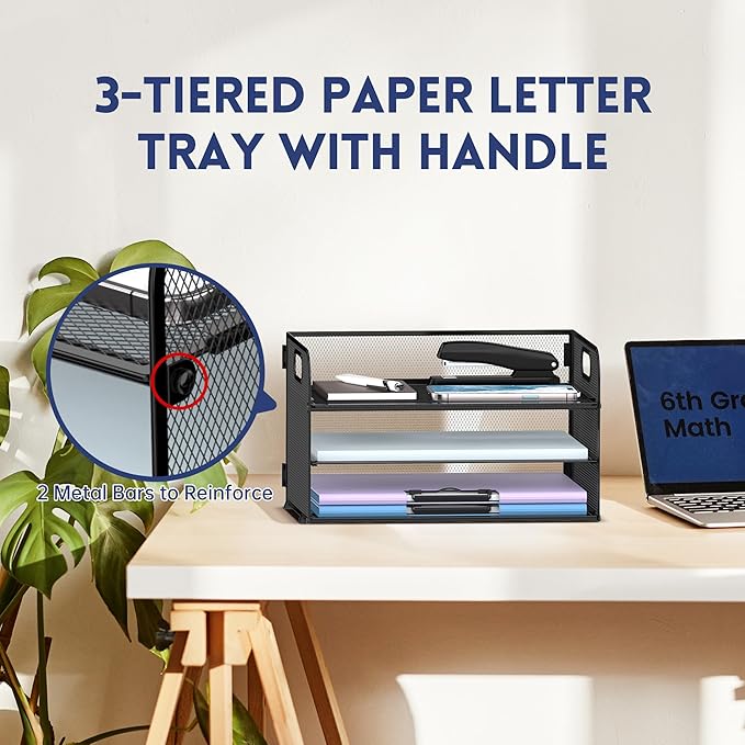 Supeasy 3 Tier Paper Organizer with Handle, Mesh Desk Organizer Letter Tray, Paper Tray File Organizer for A4 File Folder, Black