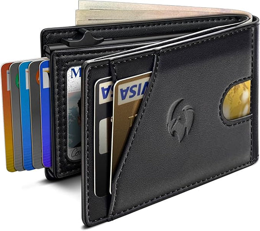 Wallet for Men, Slim Pop Up Card Holder with RFID Blocking, Minimalist Bifold Wallet with 9 Card Slots, ID Window and Cash Pocket, Metal Flip Case with Magnetic Closure, Gift Box