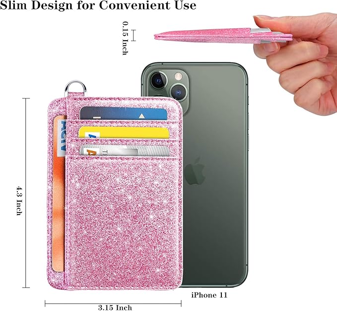Coco Rossi Slim Front Pocket Wallet RFID ID Card Holder Cute Small Wallet with Wrist Lanyards Key Chain Holder for Women, Peach Pink Glitter
