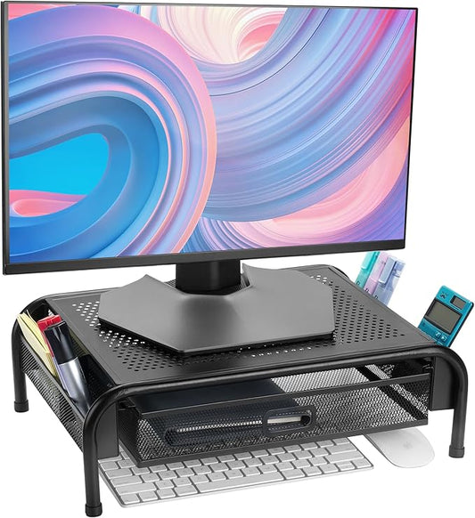 Mr. Pen- Metal Mesh Monitor Stand With Drawer, Computer Stand for Desk With Storage, Desktop Riser