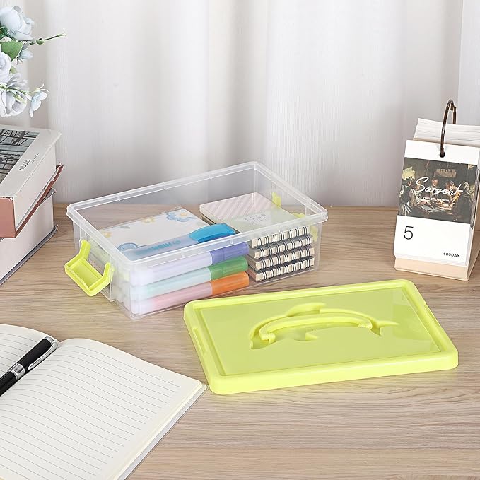 BTSKY 1-Pack Clear Plastic Storage Box with Lid, Stackable Organizer Featuring Easy-Lift Dolphin Design, Multi-Use Portable Container for Home, Craft, Office, Space-Saving with Secure-Clasp, Yellow