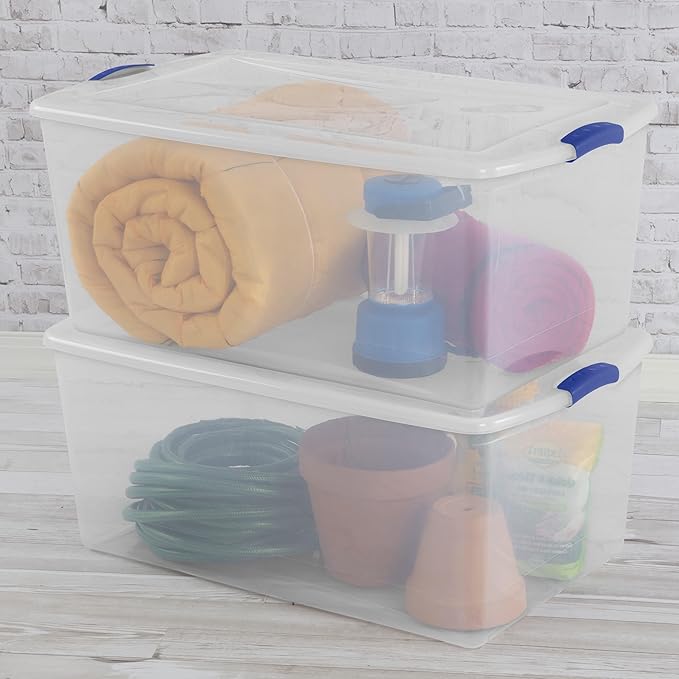 105 Qt. Plastic Storage Bin with Durable Lid, Stackable and Nestable Clear Tote Container Featuring Blue Buckles, Ideal for Organization and Storage Purposes (1-Pack)