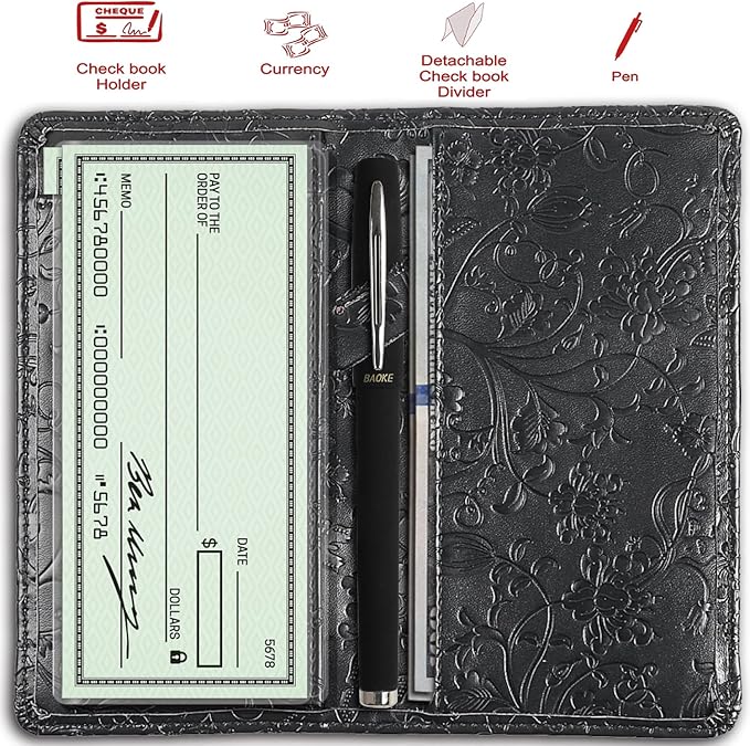 Sanlykate Leather Checkbook Cover for Men and Women, Check Book Case Card Holder with Free Divider, Standard Register Duplicate Checks with pen inserts, Black Flower