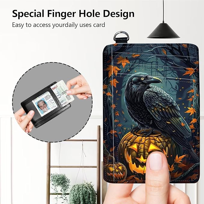 Slim RFID Blocking Card Holder Wallet with Wrist Strap - Minimalist Front Pocket Wallet, Crow Pumpkin Design, PU Leathe, for Men & Women, Ideal for Travel & Gifts