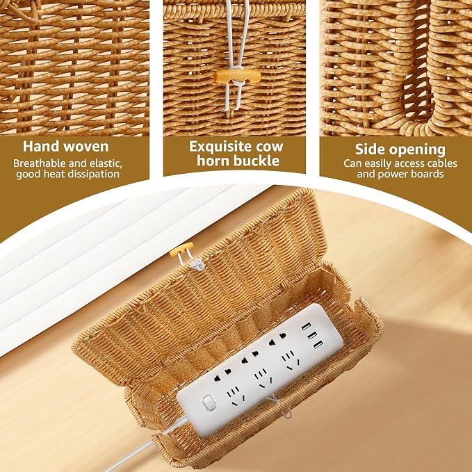 Cable Management Box with Lid, Handwoven Imitation Rattan Power Strip Hider Organizer for Computer Router USB Hub & Power Strip, Desktop Cord Organizer Box for Home Office DIY-Friendly Cord Management