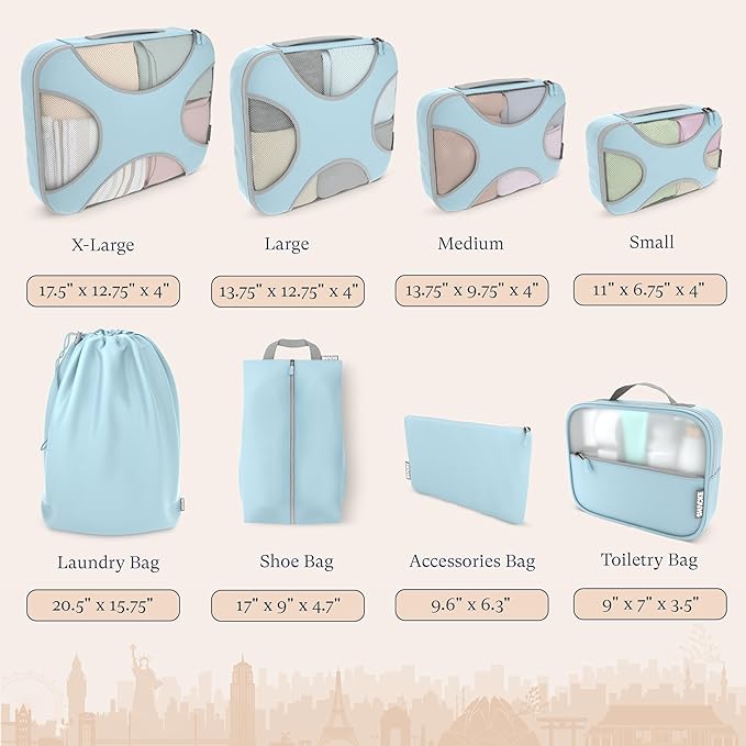 Shacke Packing Cubes for Travel 8 Set - Premium Luggage Organizer Bags - Versatile Travel Organizer for Women and Men - Optimized Packing Bags - Travel Essentials (Sky Blue)