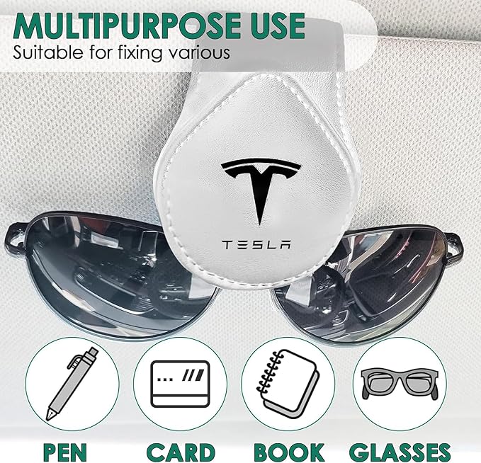 Sunglasses Holder Compatible with Tesla Model Y 3 X S Cybertruck Leather Magnetic Glasses Mount Holder Eyeglasses Sunglasses Clip Visor Sunglass Holder Accessories Gifts for Owners (White)