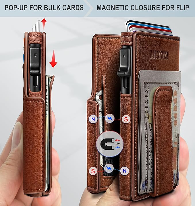 miyozi Men Wallet,with Money Clip Coins Pocket ID Window,Slim Front Pocket RFID Blocking Pop-up Card Holder 3.9"x 2.7", Gift Boxed