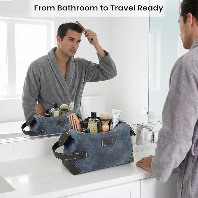 LEATHER VILLAGE Genuine Leather Dopp Kit for Men & Women – Travel Vintage Toiletry Bag with Waterproof Lining, Shaving & Bathroom Essentials Organizer - Distressed Blue