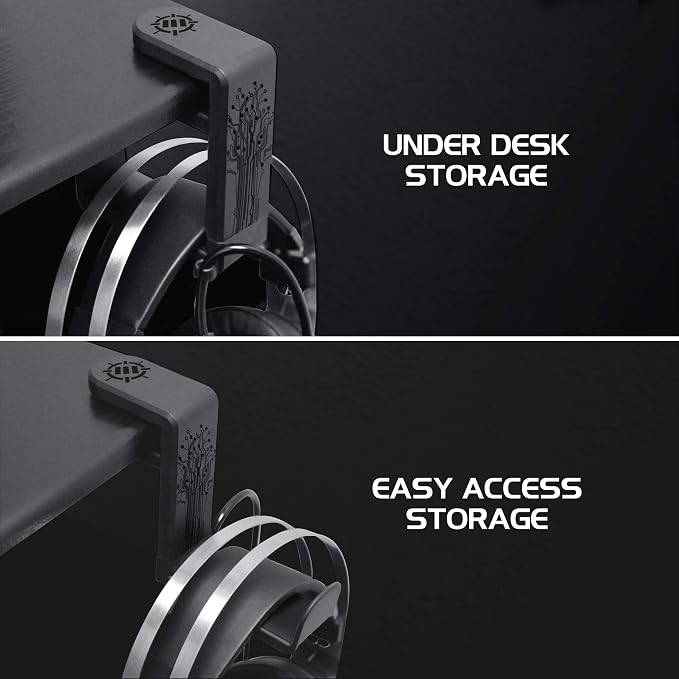 ENHANCE PC Gaming Headphone Holder - Desk Headphone Hanger Esports Headset Holder with Adjustable 360 Rotation, Under Desk Hook Clamp, Universal Fit - Built in Cable Clip Organizer - Black