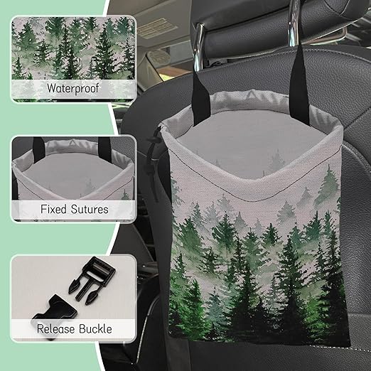 Foggy Forest Car Garbage Bag,Waterproof Small Car Trash Bag Hanging Back of Seat,Drawstring Hanging Car Trash Bag with Adjustable Buckle for Car Accessories