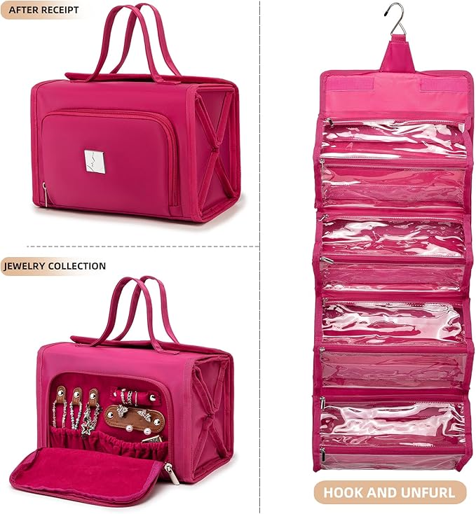ROYALFAIR Roll Up Makeup Bag, Waterproof Toiletry Bag for Women, Hanging Travel Organizer bags with Jewelry Organizer Compartment, Extra Large 4 Clear TSA Approved Pouches Cosmetic Makeup (pink)