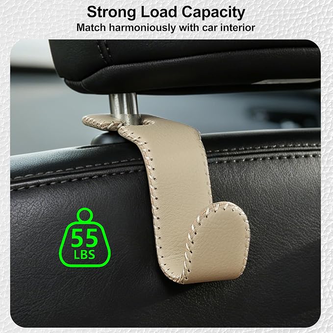 Amooca Car Seat Headrest Hook, Universal Vehicle Storage Hanger, Leather with Metal Car Seat Back Organizer for Handbag, Purse, Coat, Ergonomic Design, Beige 2 Pack