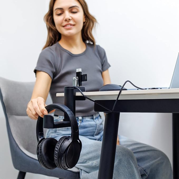 KIWIFOTOS Headphone Stand with 4 USB Ports Hub PC Gaming Headset Holder Hanger 360 Degree Rotation Clamp Under Desk Headphone Hook Mount with Cable Clip Organizer