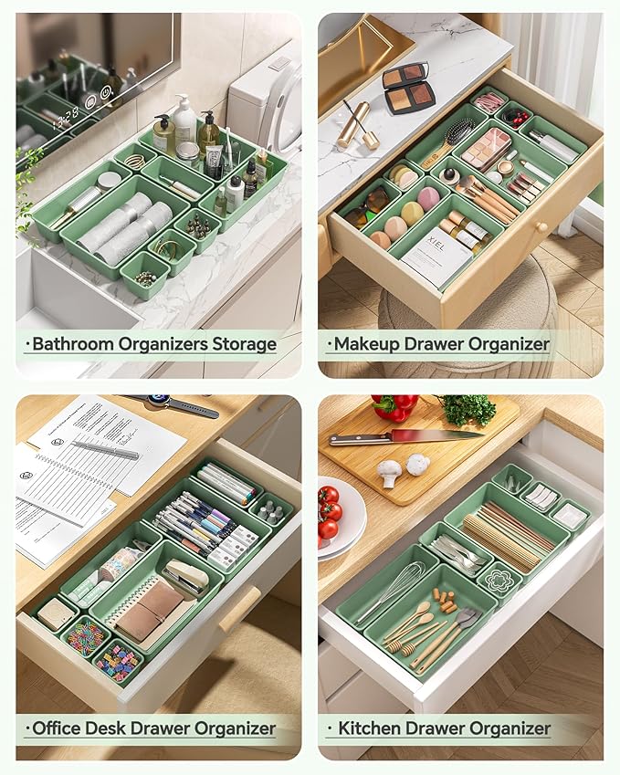 KEMETHY 25 PCS Plastic Drawer Organizers Set, 4 Sizes Vanity Organizer, Makeup and Desk Drawer Organizer Trays, Organization and Storage for Makeup, Bathroom, Kitchen Utensils and Office (Green)