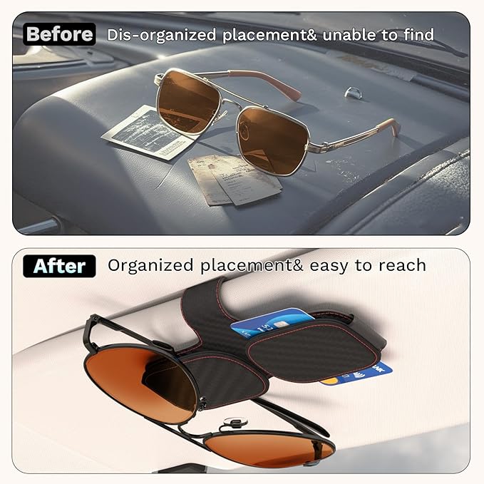 BFXM Sunglass Holder for Car Double Clip, Sunglasses Clip for Car Visor, Magnetic Leather for Car Visor, Cars Sun Visor Ticket Card Clip, Car Visor Accessories
