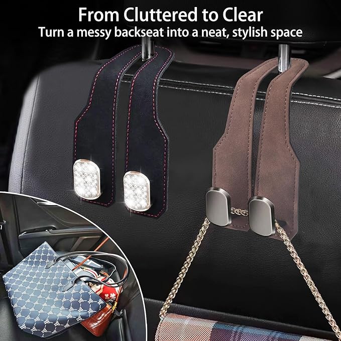 2Pcs Car Headrest Hooks with Premium Leather, Upgraded Double Metal Hooks with Anti-Drop Design, Universal Back Seat Hanger for Bags, Coats, Purses and Groceries (Stylish Brown)