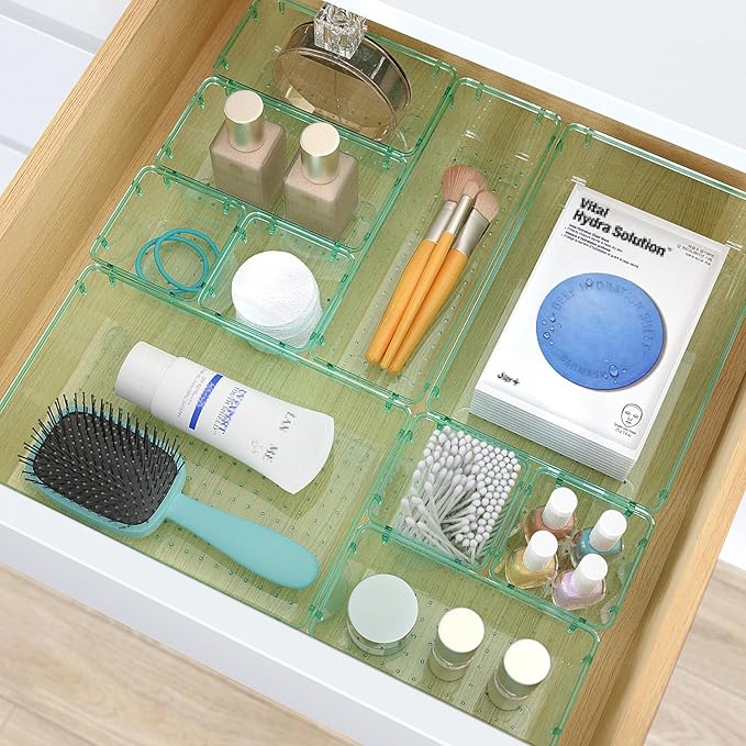 StorMiracle 7 PCS Clear Plastic Drawer Organizers Set, 4 Size Desk Drawer Organizer Trays for Makeup, Jewelry, Kitchen Utensils, Gadgets and Office Accessories, Sea Blue