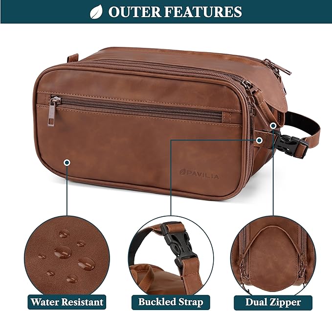 PAVILIA Toiletry Bag for Men, Hanging Travel Dopp Kit Organizer, PU Leather Water Resistant Bathroom Bag for Shaving Grooming, Large Capacity Cosmetic Bag Travel Essentials, Brown