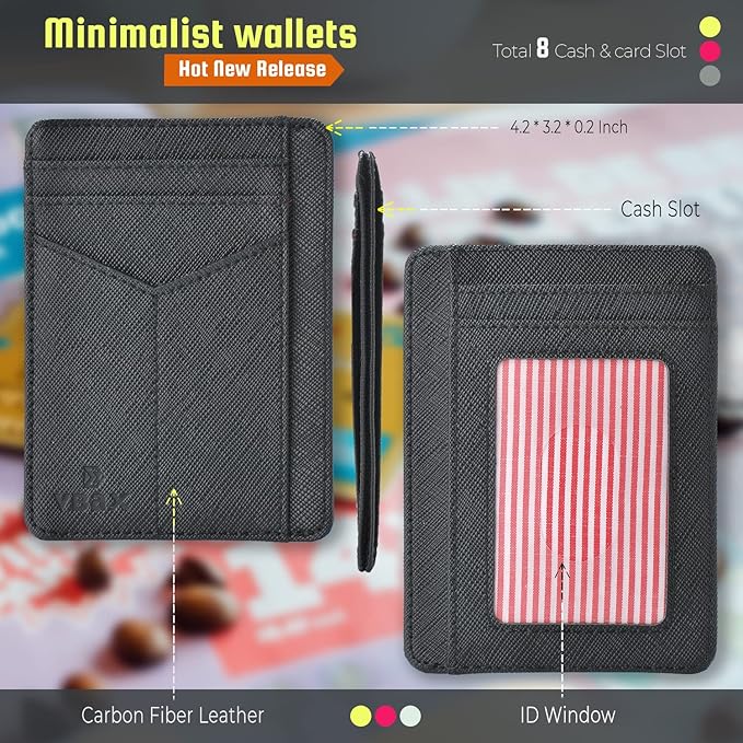RFID Slim Wallet for Men Women, 8 Card Slot Leather Minimalist Front Pocket Credit Card Holders Carbon Fiber Leather Black
