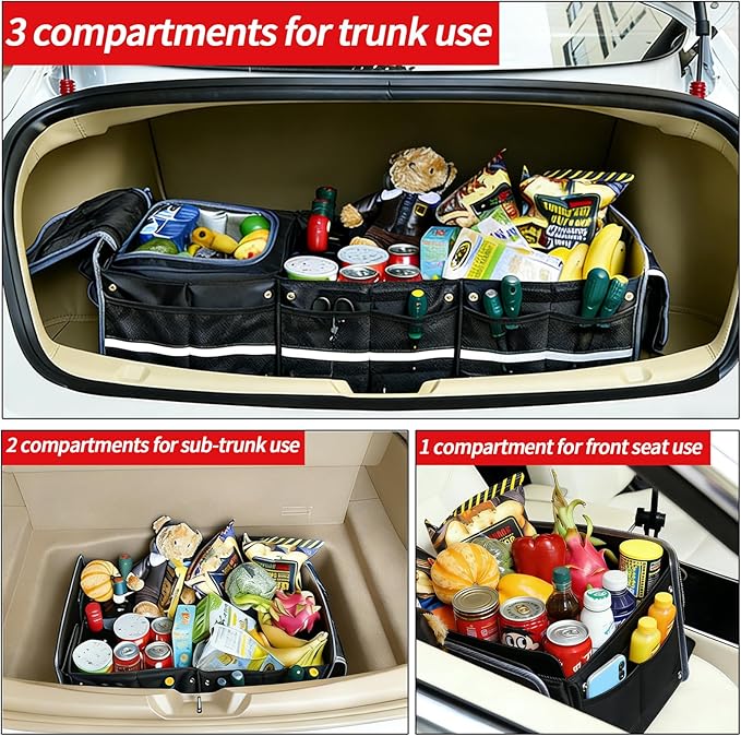 Car Trunk Organizer with Cooler Bag, Collapsible Multi-Compartment Car Organizer for SUV, Truck, Durable Car Storage Organizer for Groceries, Camping, Christmas Gifts (Black)