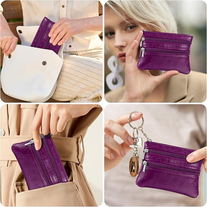 Chelmon 2 Pack Coin Purse Pouch Change Card Holder Small Wallet with Keychain for Women and Men (Purple & Purple)
