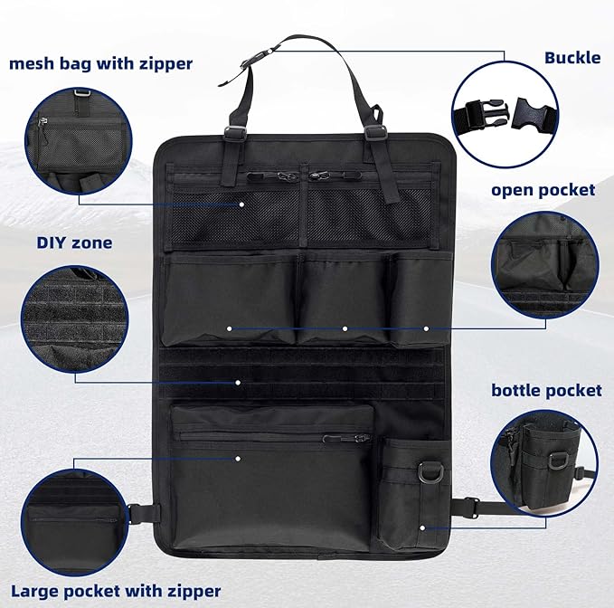 Backseat Car Organizer,Tactical Car Seat Back Organizer, Kick Mats Back Seat Protector with Three Zippered Storage pockets, Travel Accessories with 8 Storage Pockets And DIY zone (Black)
