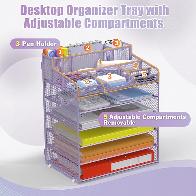 Docnest 6 Tier Mesh Desk Organizer for Paper Office Supplies – Multi-Functional Letter Tray with 5 Adjustable Compartments, 5 Pen Holders, Desktop Storage for Files, Mail, Stationery – Purple