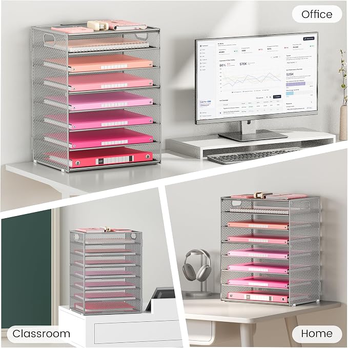 Lavatino 2 Pack 8-Tier Office Desk File Organizer, Letter Tray Paper Organizer with Handle, Including 5 Adjustable Slide Trays for Organizing Desk Workspace Accessories and Supplies (Silver Mesh)