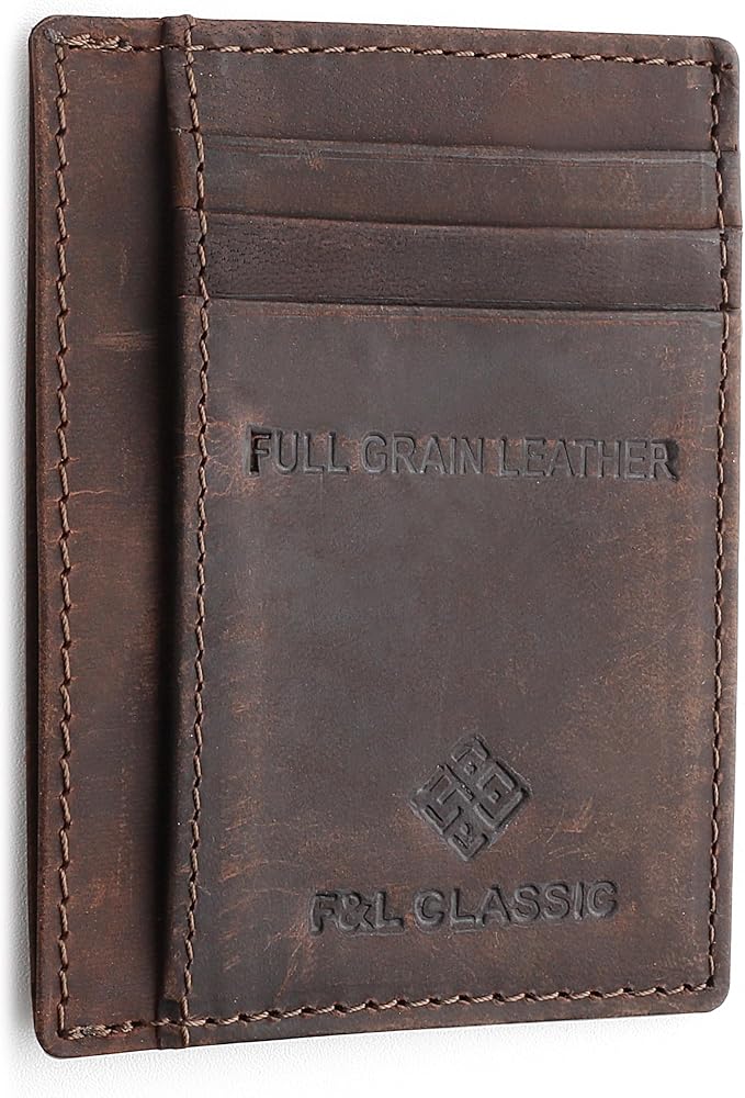 F&L CLASSIC Slim Minimalist Front Pocket leather card holder wallet, for men and women, RFID Blocking, dark brown,10-04