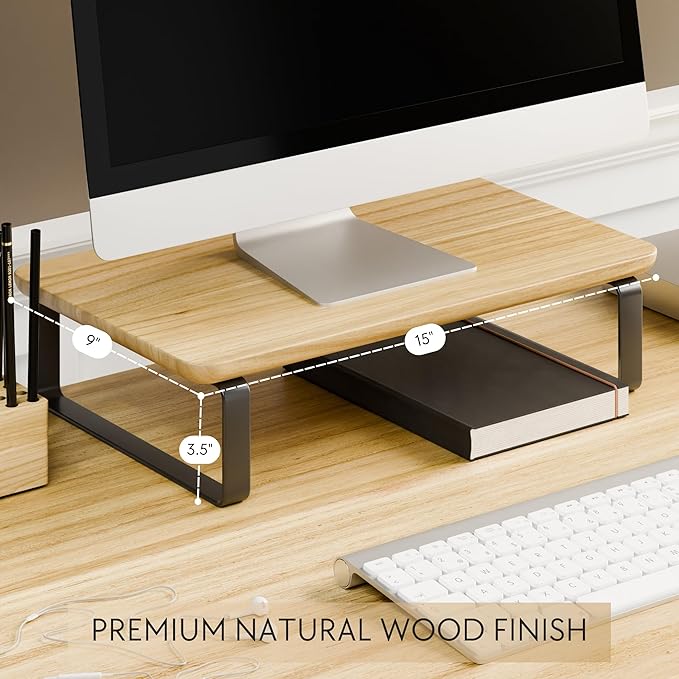 Beautiful Wooden Monitor Stand for Desk - Sturdy Stand Rises Your Monitor to the Perfect Ergonomic Level - Sleek and Functional Computer/Laptop Rack Design Elevates Any Workspace & Maximizes Space