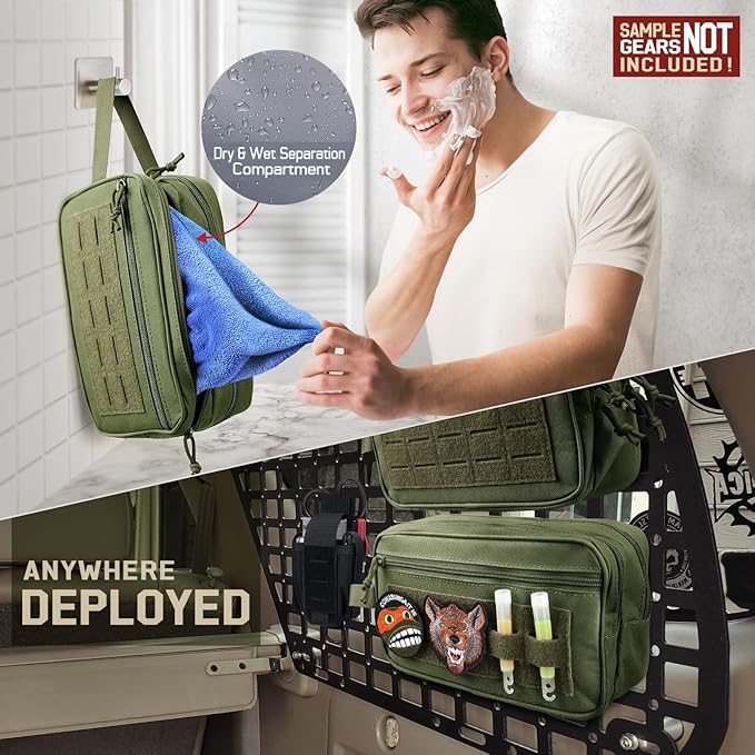 RXW EDC Toiletry Bag for Men, Tactical Dopp Kit, Molle Pouches Compact Travel Organizer for Shaving Shower, Hygiene, Grooming (Includes Dry/Wet Compartment & US Flag Patch)