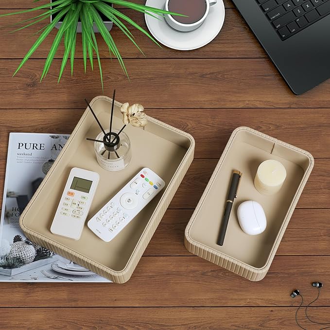 Desk Organizer Tray, PU Leather Nightstand Organizer Perfume Valet Tray for Men Women, Decorative Vanity Trays Trinket Dish Key Bowl for Entryway Table (2pcs, Beige, Large+Small)