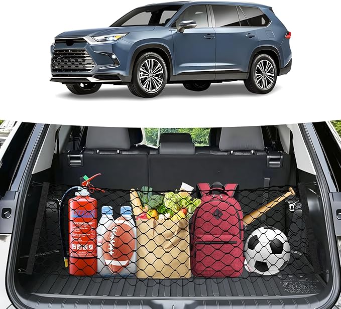 Canvcle Trunk Cargo Net for 2024-2025 2026 Toyota Grand Highlander Accessories Envelope Style Mesh Trunk Net Organizer and Storage Stretchable Adjustable Elastic Nylon Rear Cargo Netting with Hooks