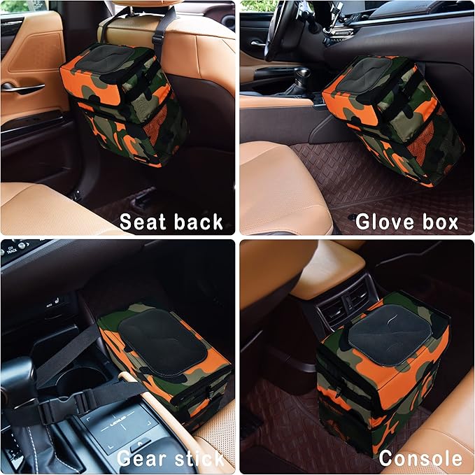 SIBOFUEGO Cute Car Trash Can with Lid – Multipurpose Collapsible Trash Bin for Car, Leak-Proof Organizer, Waterproof Garbage Can with Storage Pockets & Adjustable Straps, 2 Gallons (Camo Orange)