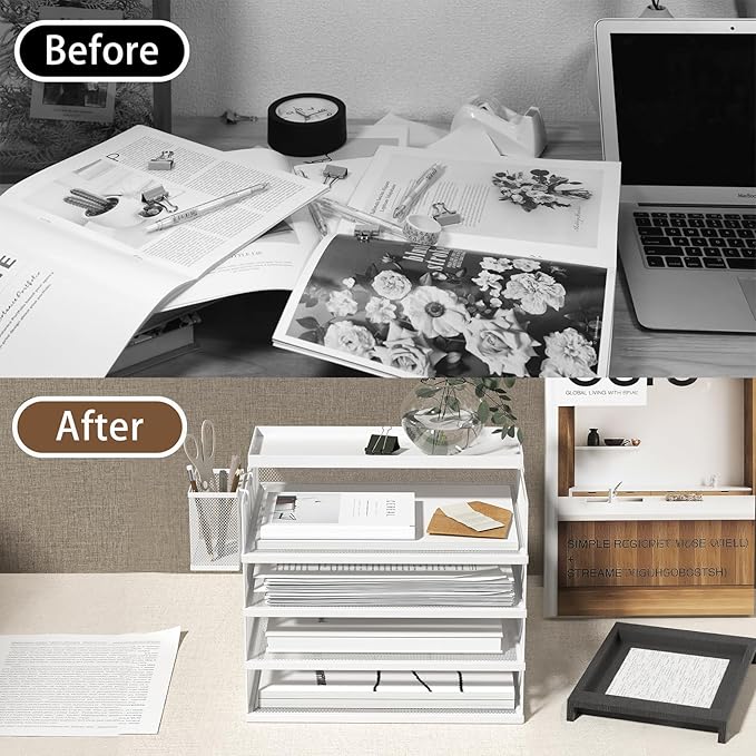 FANXIYQ Metal Stackable Letter Trays, 4-Tier Desk Organizer & Paper Trays for Office, Stackable File & Document Tray with Magnetic Labels,White