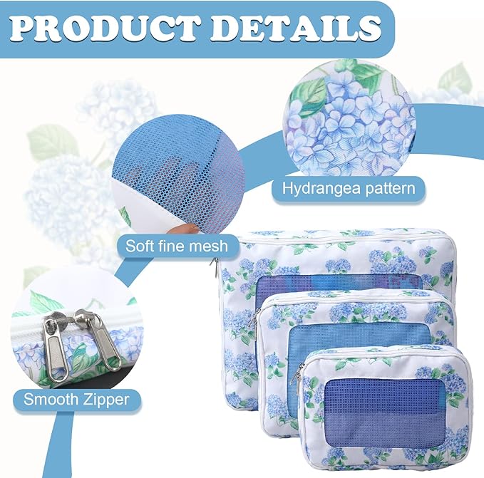 Shinylin 3 Set Blue Floral Compression Packing Cubes for Travel Small Medium Large Luggage Packing Organizers Toiletries Bag for Cosmetics Clothing Accessories Shoes Bags Women Men