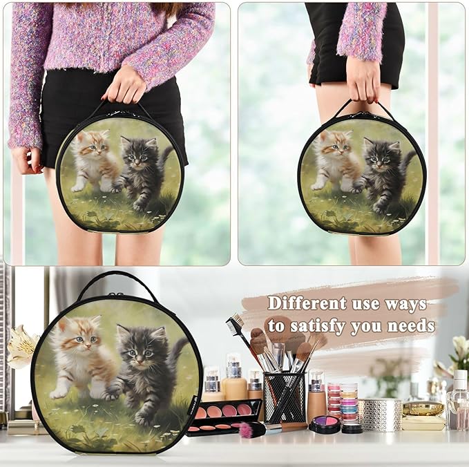 senya Round Cosmetic Pouch Travel Makeup Train Case Cat Kitten Makeup Organizer Bag with Adjustable Dividers Portable for Cosmetics Makeup Brushes Toiletry Jewelry Accessories