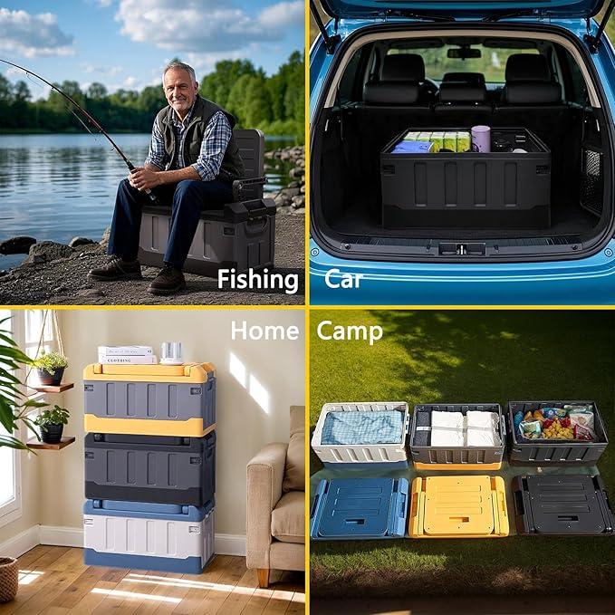 Versatile Foldable Seatable Camping Box Car Organizer Heavy Duty Storage Bins With Lids Box Trunk,Durable Plastic,60L Can Store Clothes, Toys Camping Equipment in Large Capacit (black)
